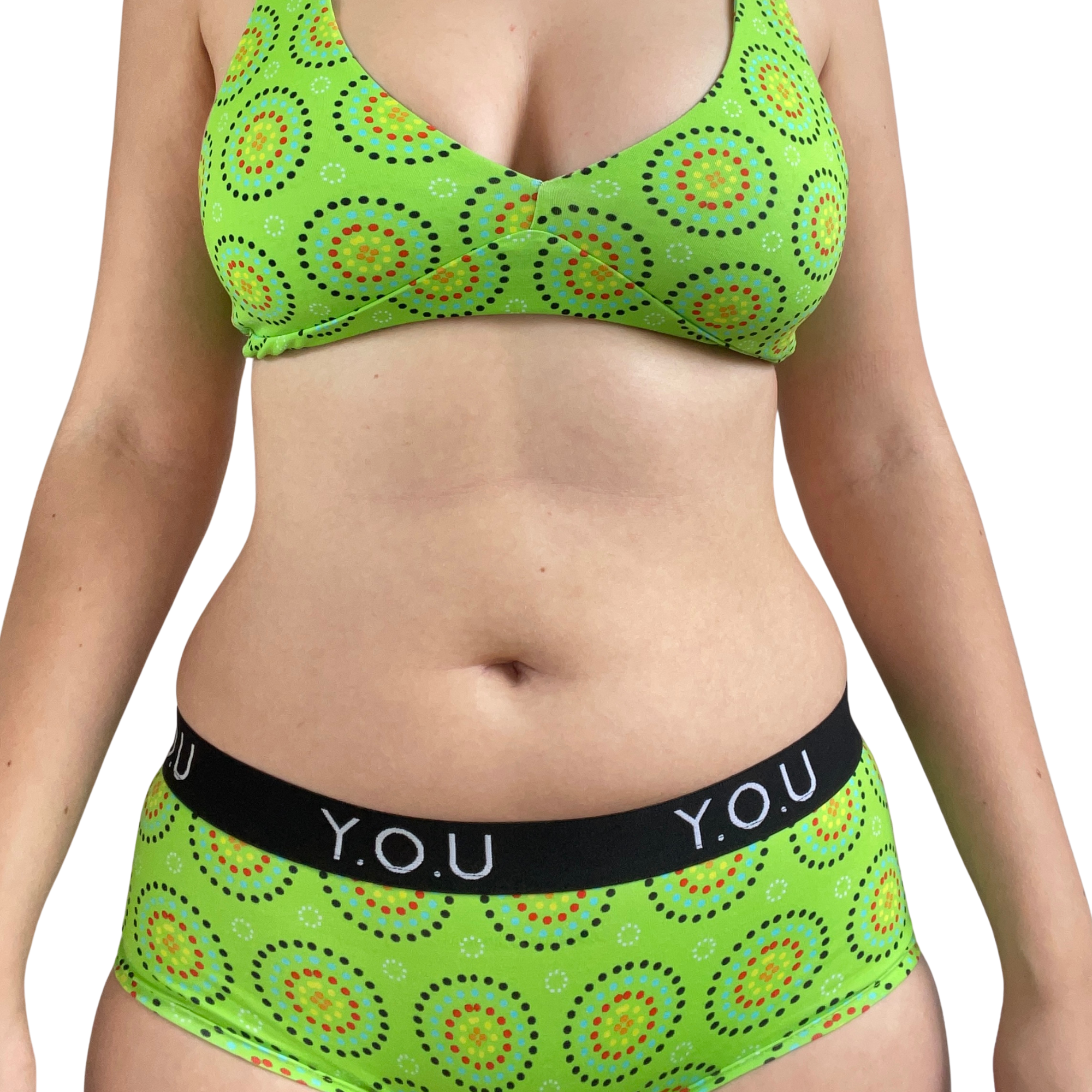 Women's organic cotton matching bralette and Y.O.U boy shorts set - Green Mara design