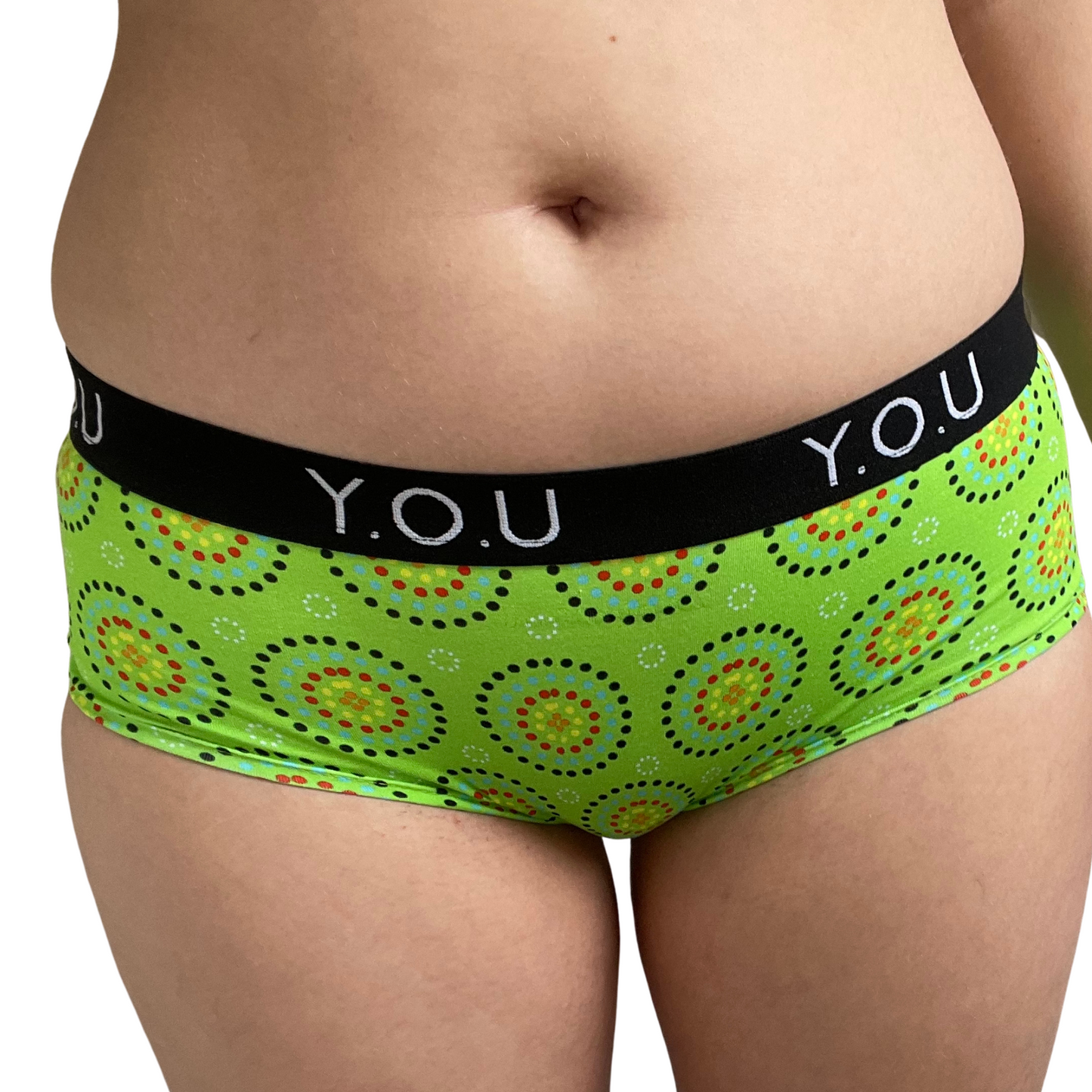 Women’s organic cotton boy shorts with Y.O.U elastic - Green Mara design