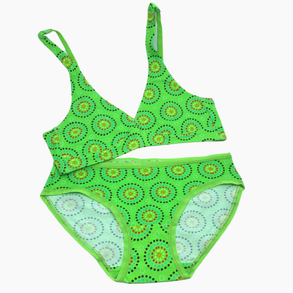 Women's organic cotton matching bralette and bikini set - Green Mara design