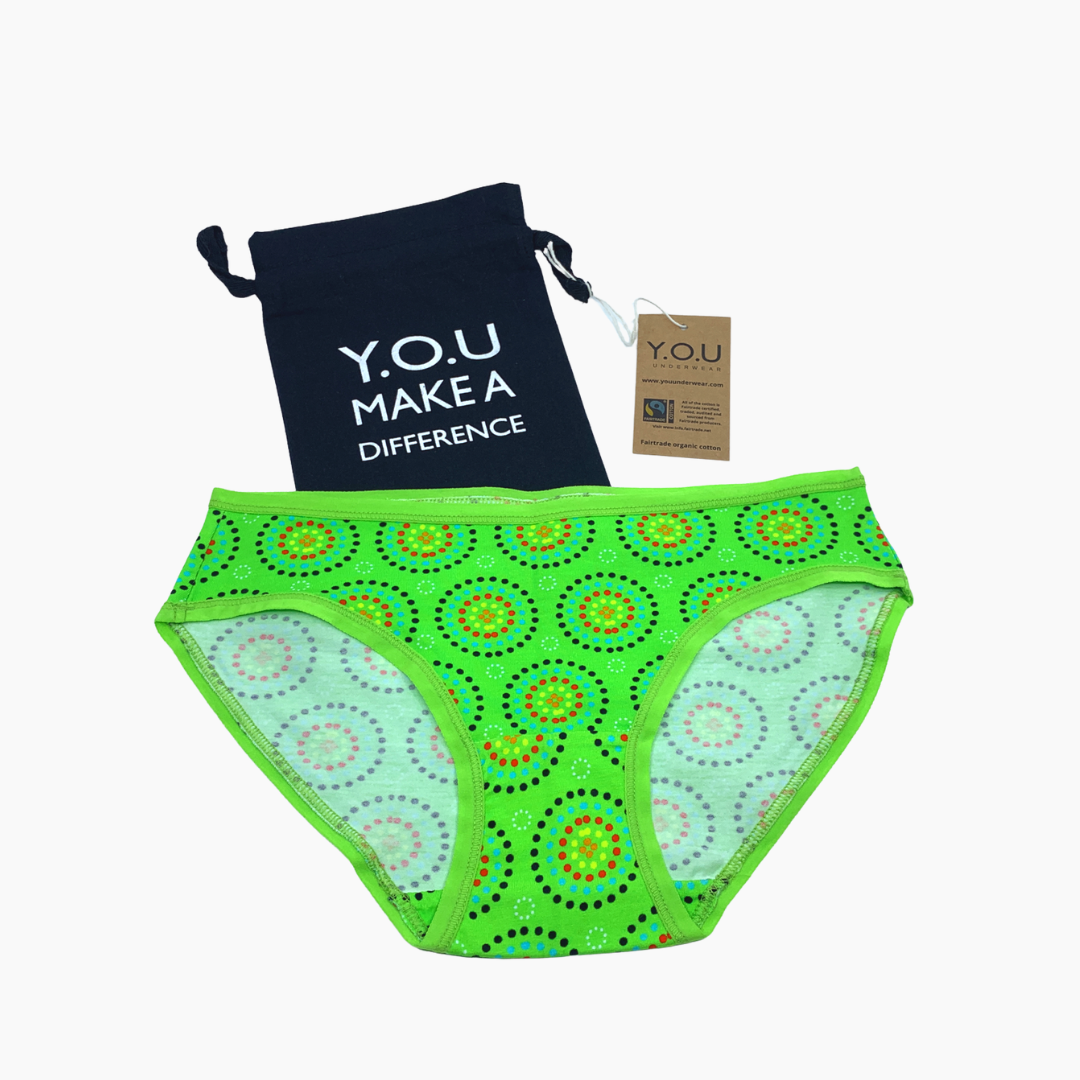Women's organic cotton low-rise bikini bottoms - Green Mara design