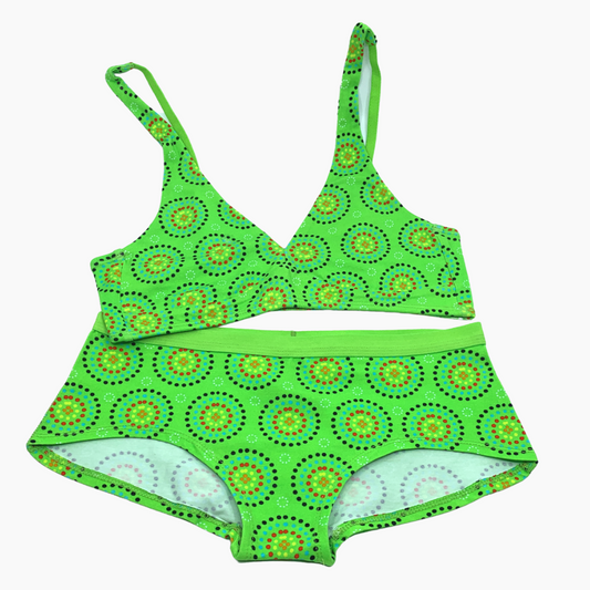Women's organic cotton matching bralette and plain boy shorts set - Green Mara design