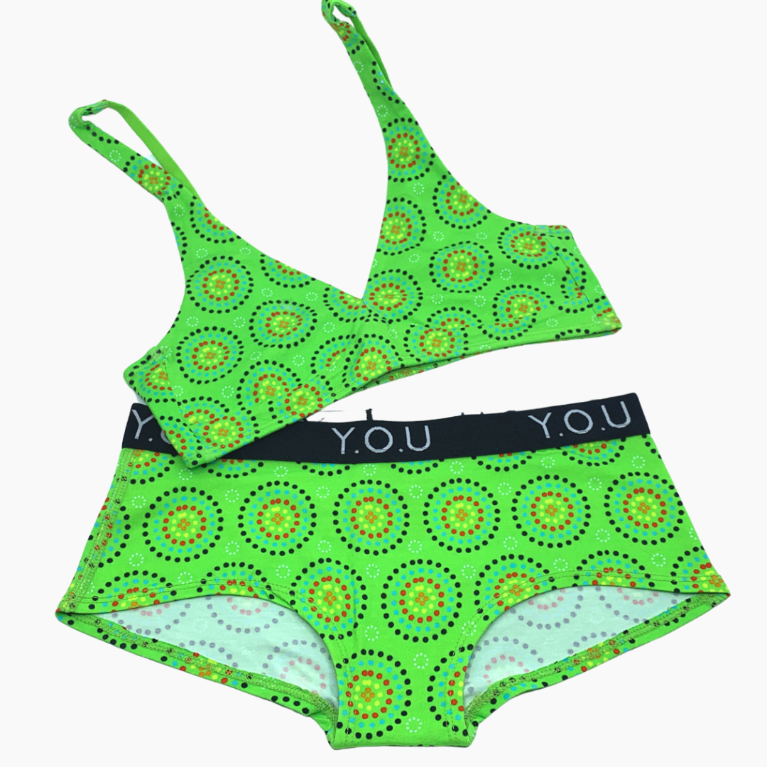 Women's organic cotton matching bralette and Y.O.U boy shorts set - Green Mara design