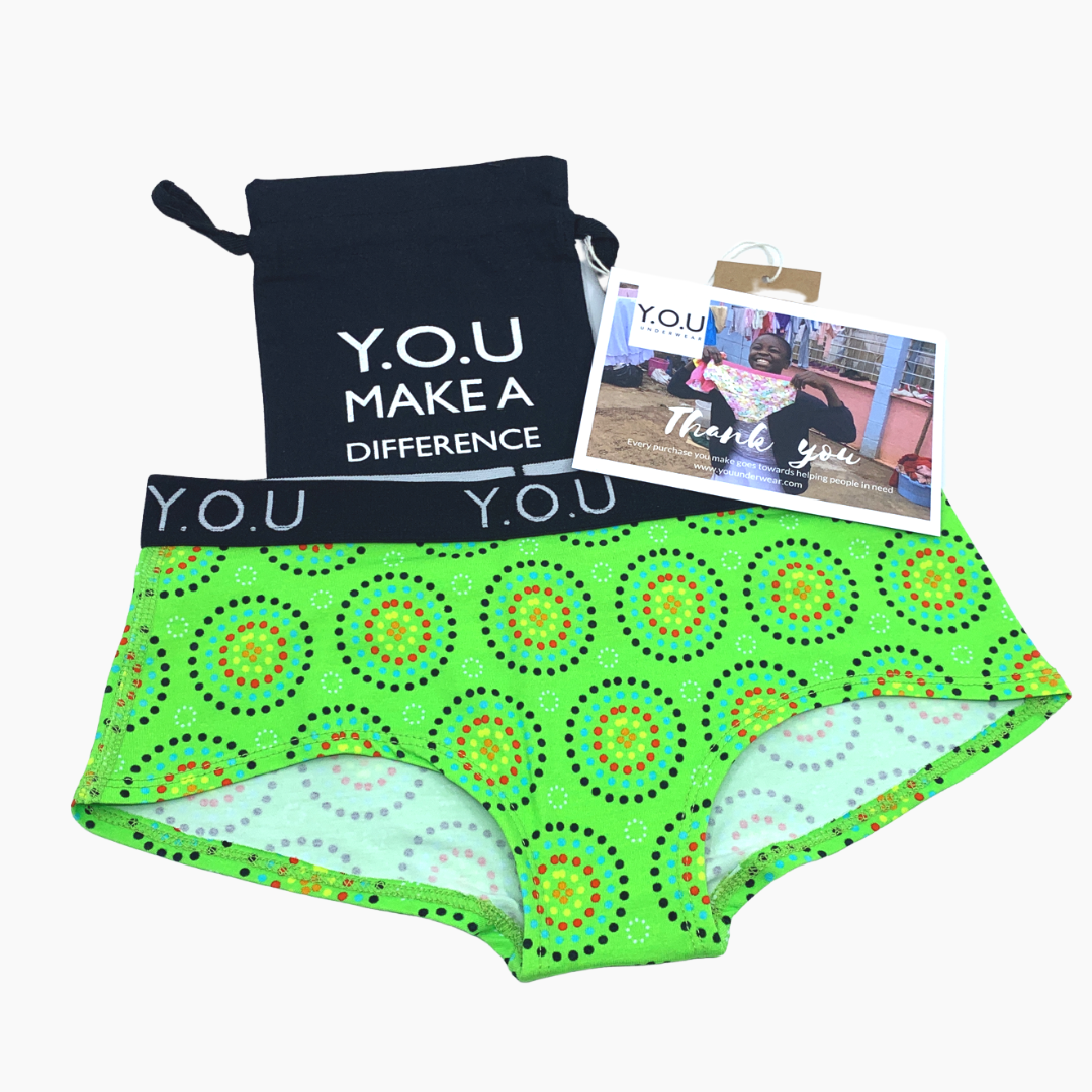 Women's organic cotton matching bralette and Y.O.U boy shorts set - Green Mara design