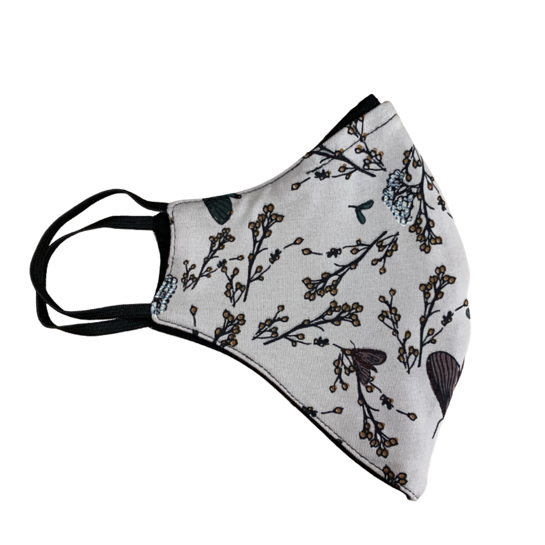 Organic cotton face mask - light grey butterfly and flower pattern, reversible design