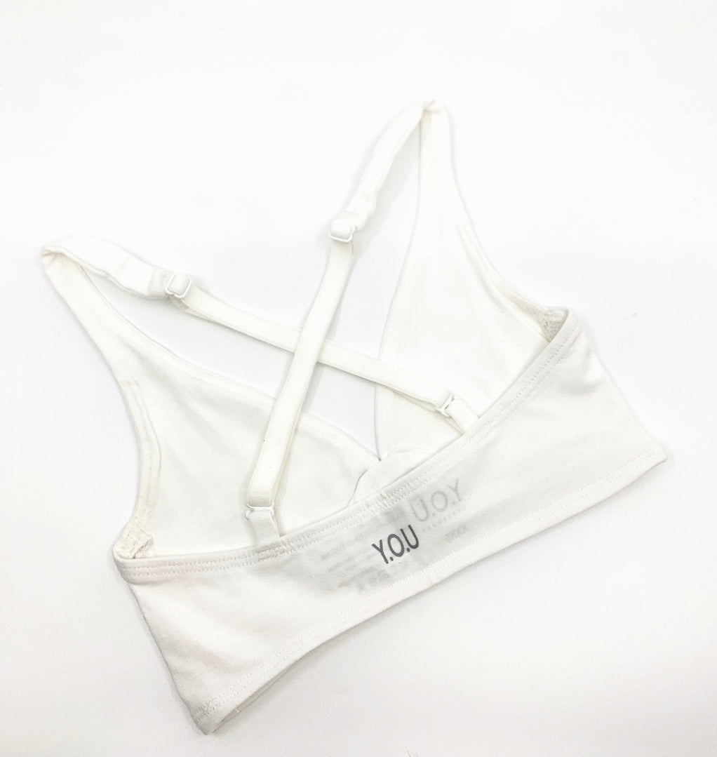 Girls' organic cotton bralettes -  3 pack of white, almond, & yellow flowers