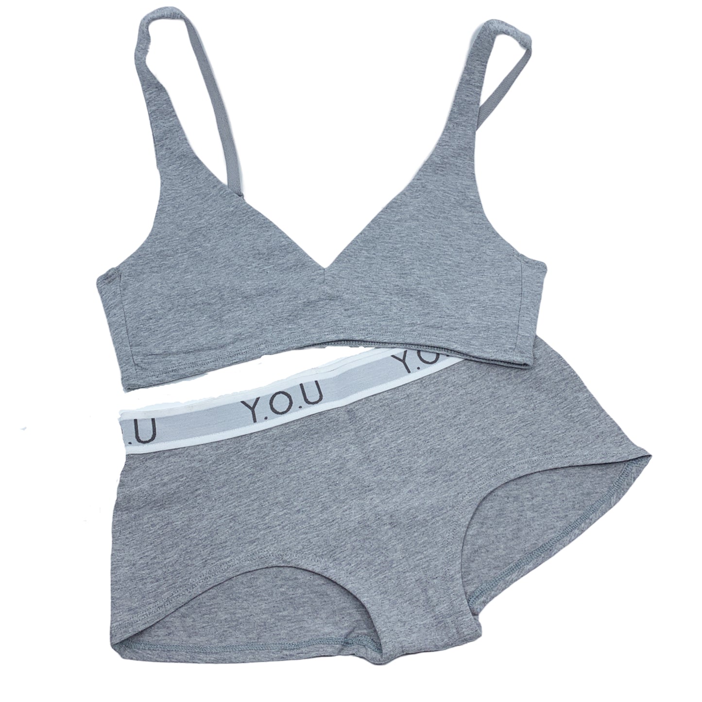 Women's organic cotton matching bralette and Y.O.U boy shorts set - light grey (heather grey)