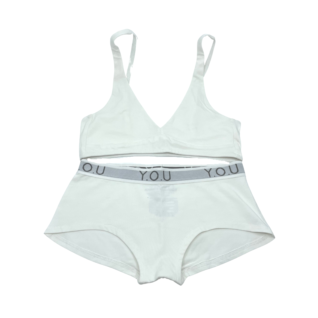 Women's organic cotton matching bralette and Y.O.U boy shorts set