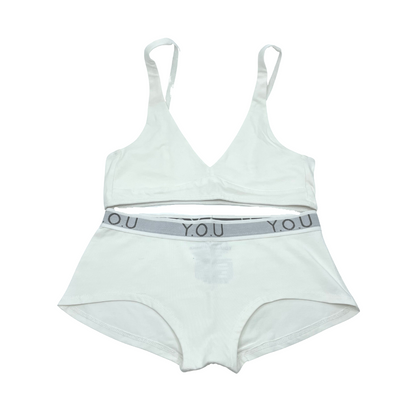 Women's organic cotton matching bralette and Y.O.U boy shorts set - white