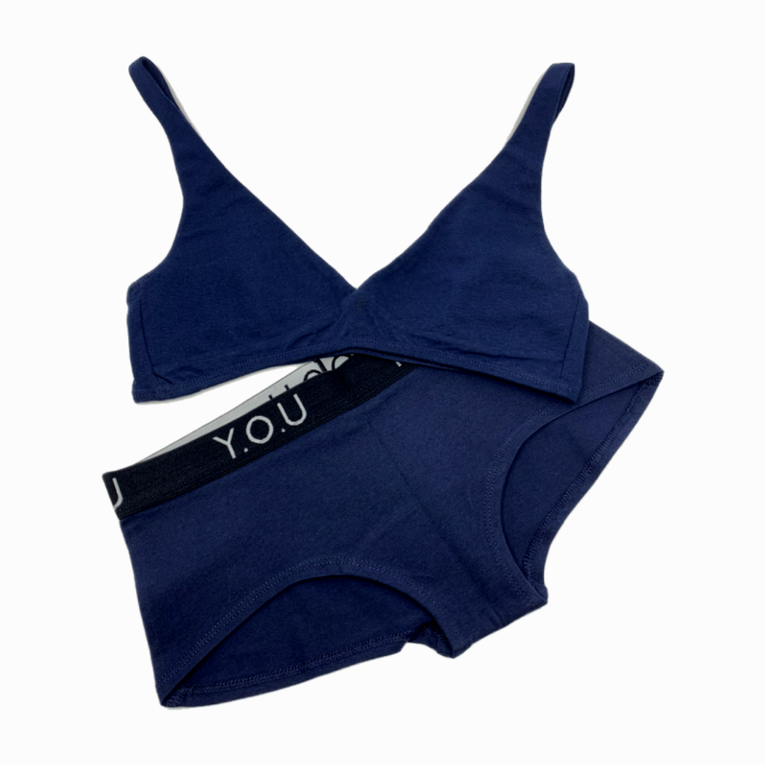 Women's organic cotton matching bralette and Y.O.U boy shorts set - navy blue