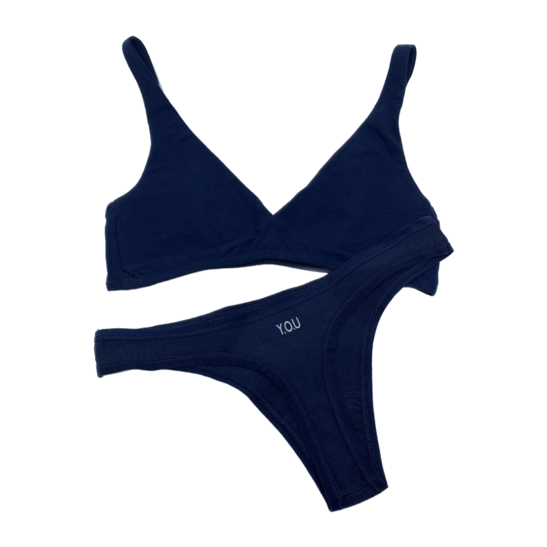 Women's organic cotton matching bralette and thong set - navy blue