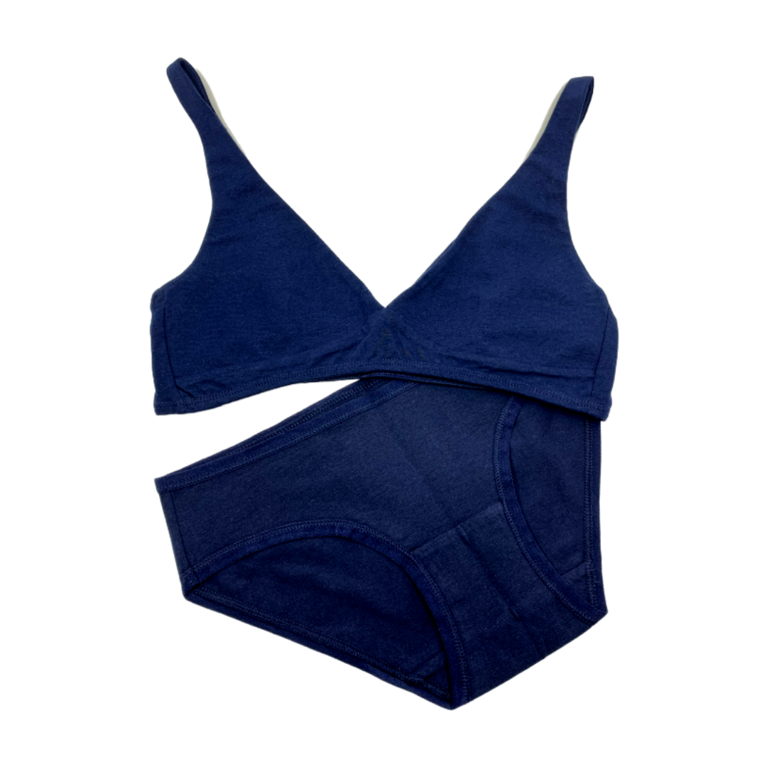womens organic cotton underwear in navy blue - matching Bralette and bikini set