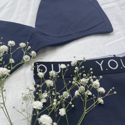 Women's organic cotton matching bralette and Y.O.U boy shorts set - navy blue