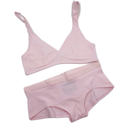 Women's organic cotton matching bralette and boy shorts set in light pink