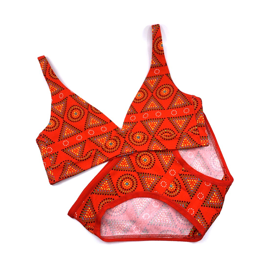 Women's organic cotton matching bralette and bikini set - Red Mara design
