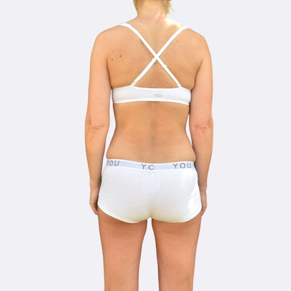 Women's organic cotton matching bralette and Y.O.U boy shorts set - white