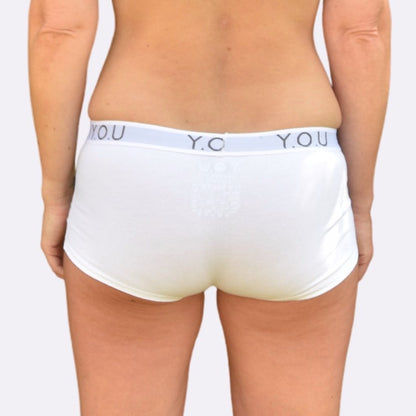 Women’s organic cotton boy shorts with Y.O.U elastic in white