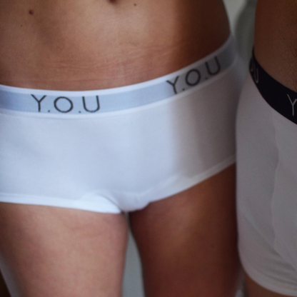 Women's Y.O.U boy shorts in white - model shot front view