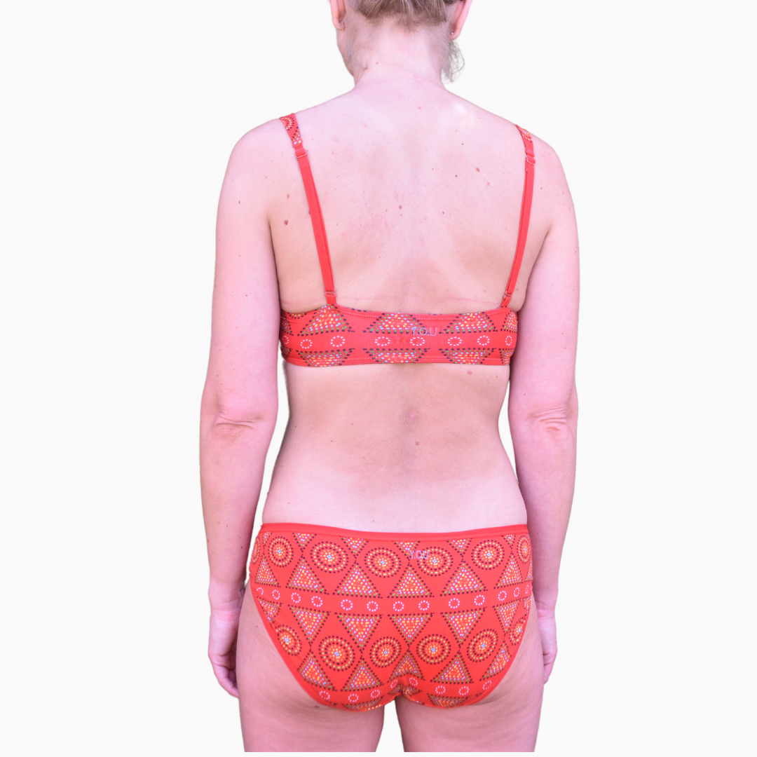 Women's organic cotton matching bralette and bikini set - Red Mara design - back view
