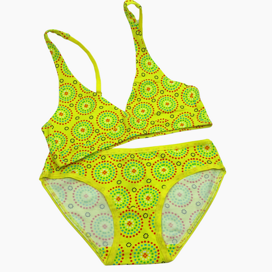 Women's organic cotton matching bralette and bikini set - Yellow Mara design