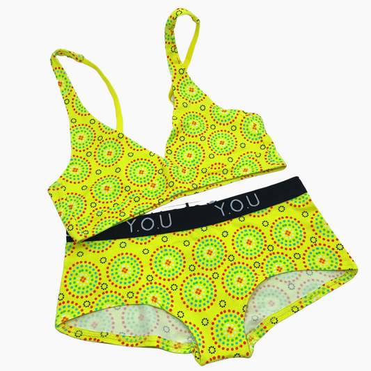 Women's organic cotton matching bralette and Y.O.U boy shorts set - Yellow Mara design