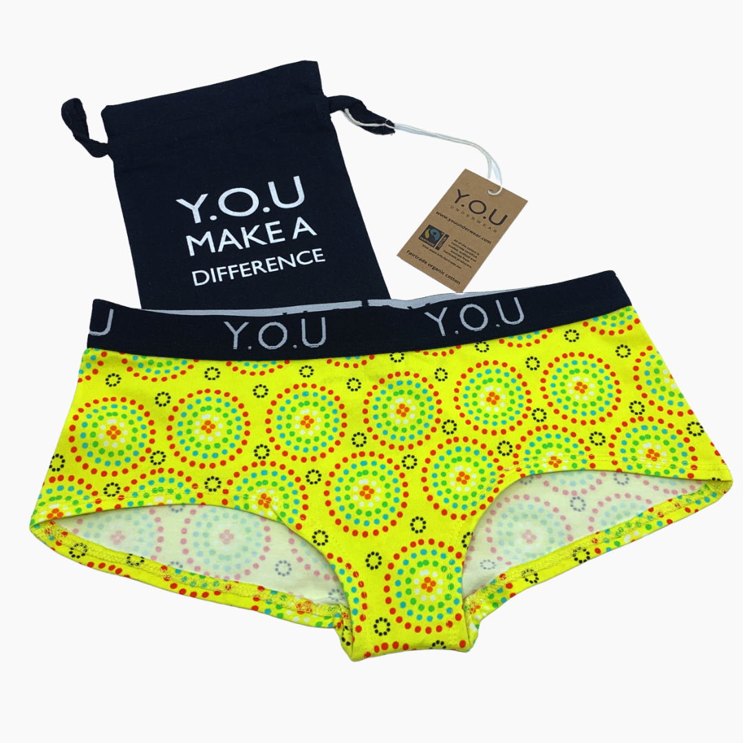 Women's organic cotton matching bralette and Y.O.U boy shorts set - Yellow Mara design