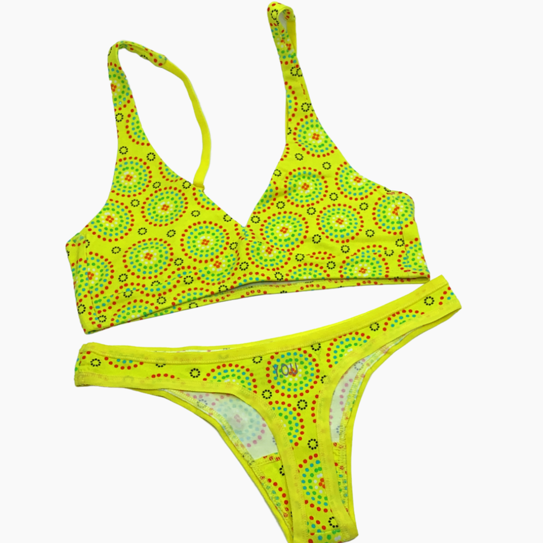 Women's organic cotton matching bralette and thong set - Yellow Mara design