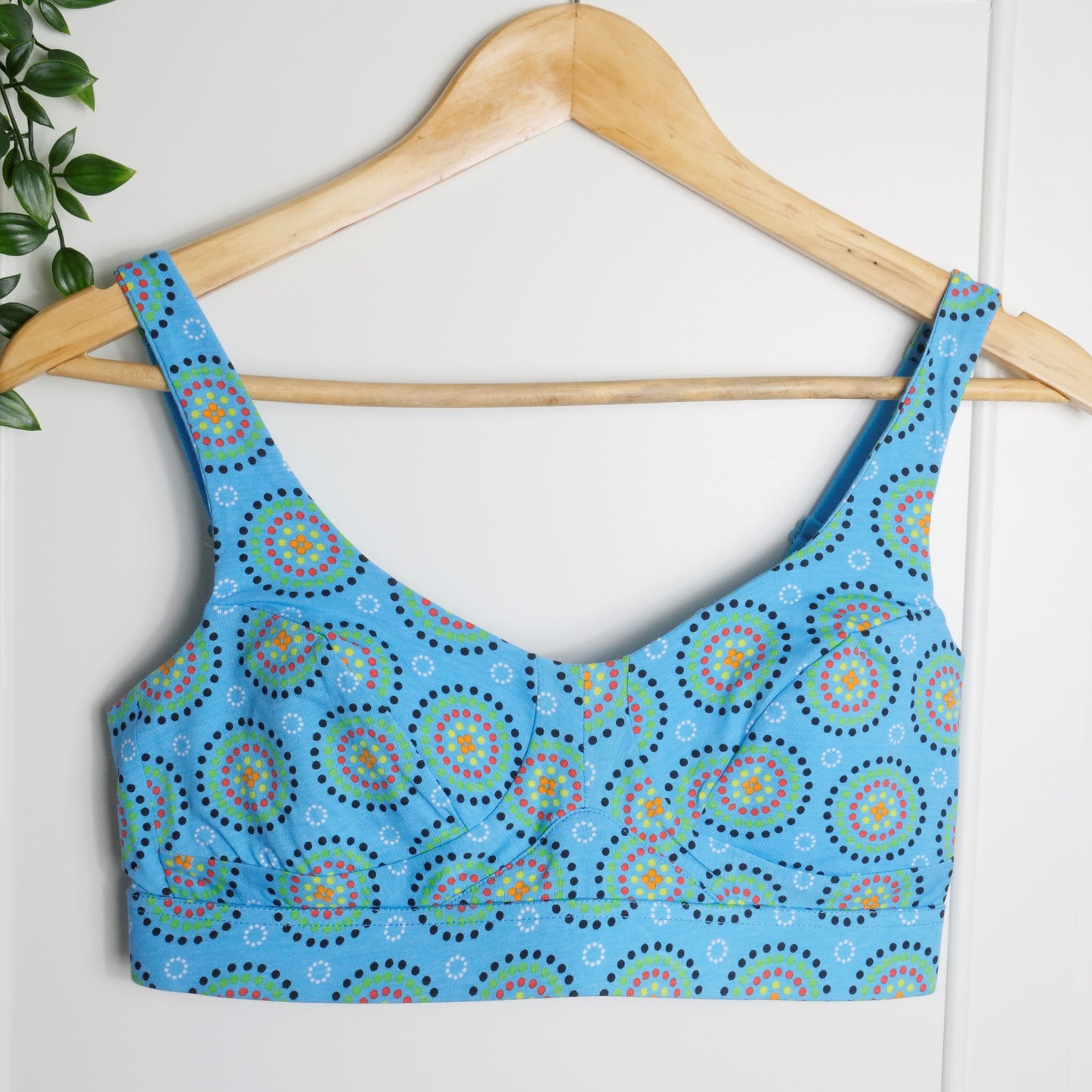Women's organic cotton bra in blue Mara print - more supportive style