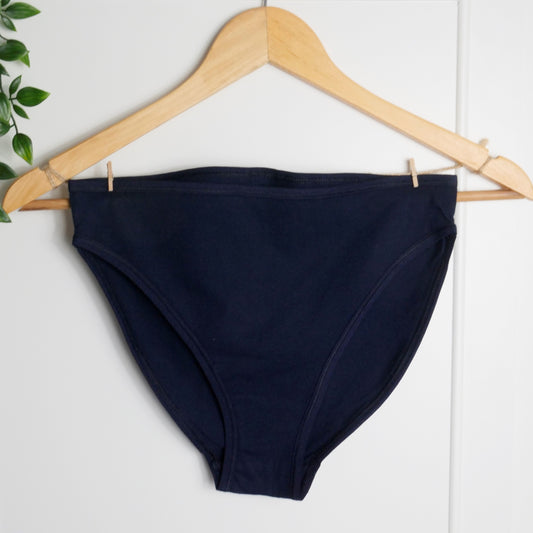 Women's organic cotton mid-rise bikini bottoms in navy blue