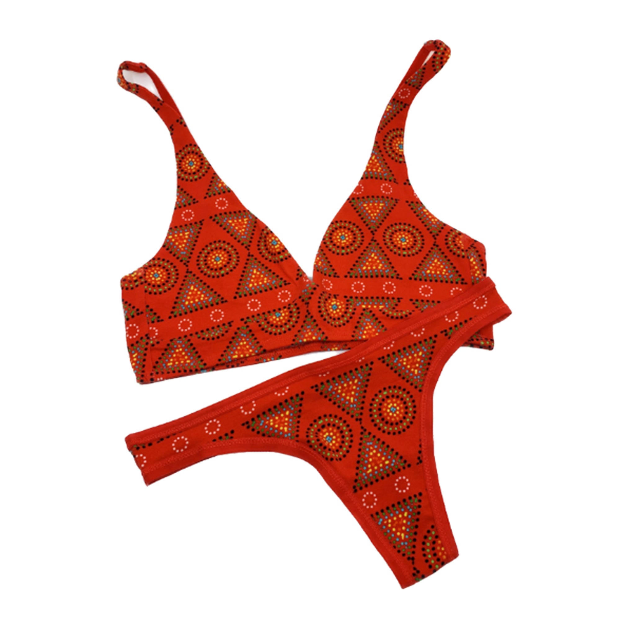 Women's organic cotton matching bralette and thong set - Red Mara design