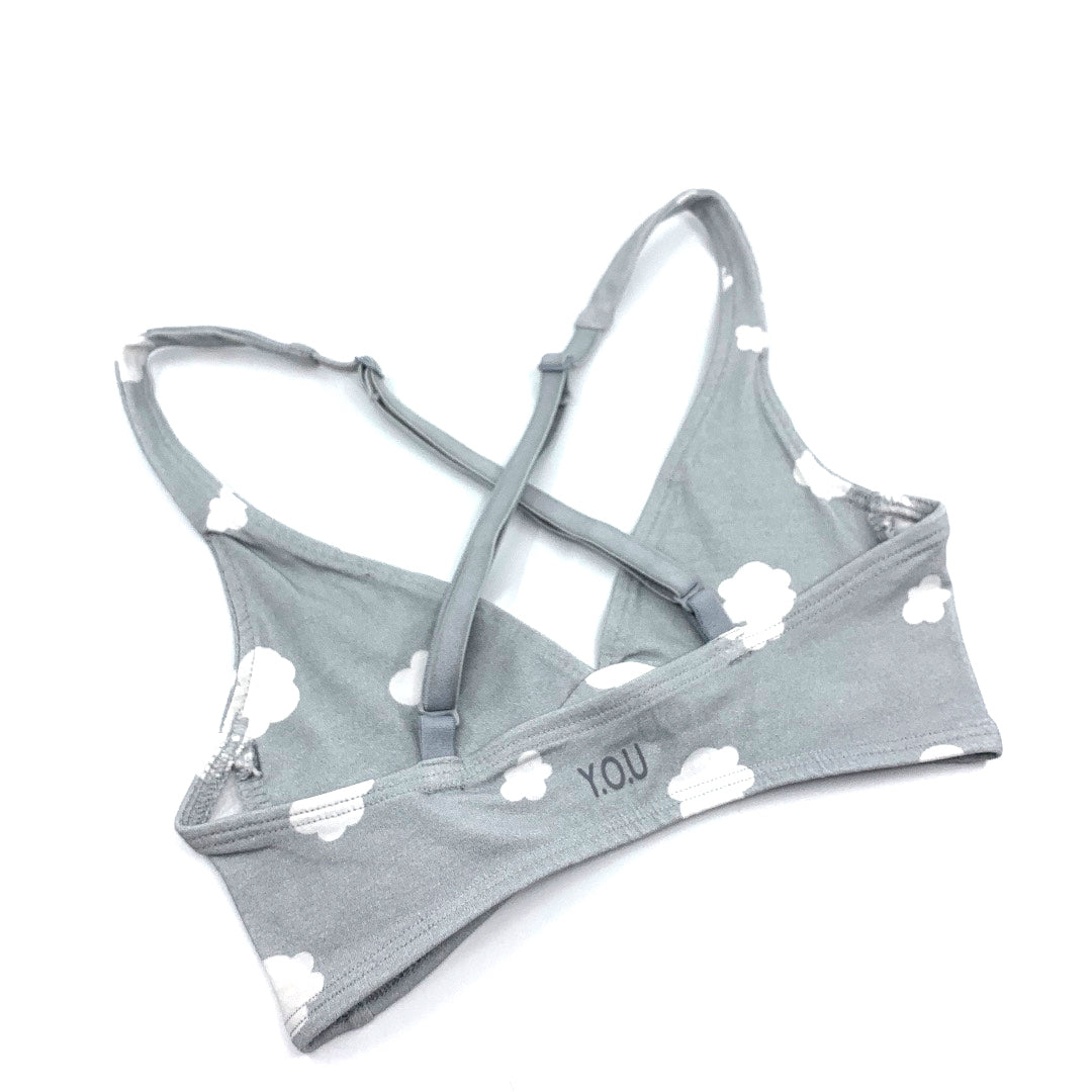 Women's organic cotton bralette in a light grey with white clouds pattern