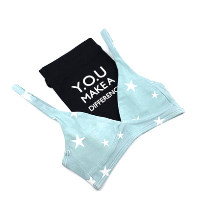 Women's organic cotton bralette in a light blue with white stars pattern