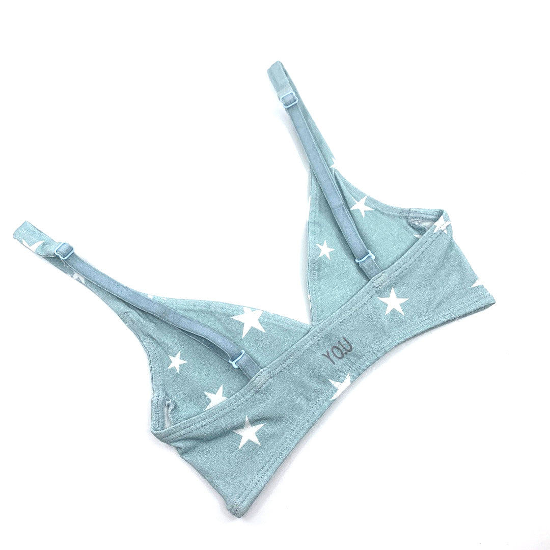 Women's organic cotton bralette in a light blue with white stars pattern