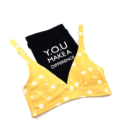 Women's organic cotton bralette in a yellow with white flowers pattern