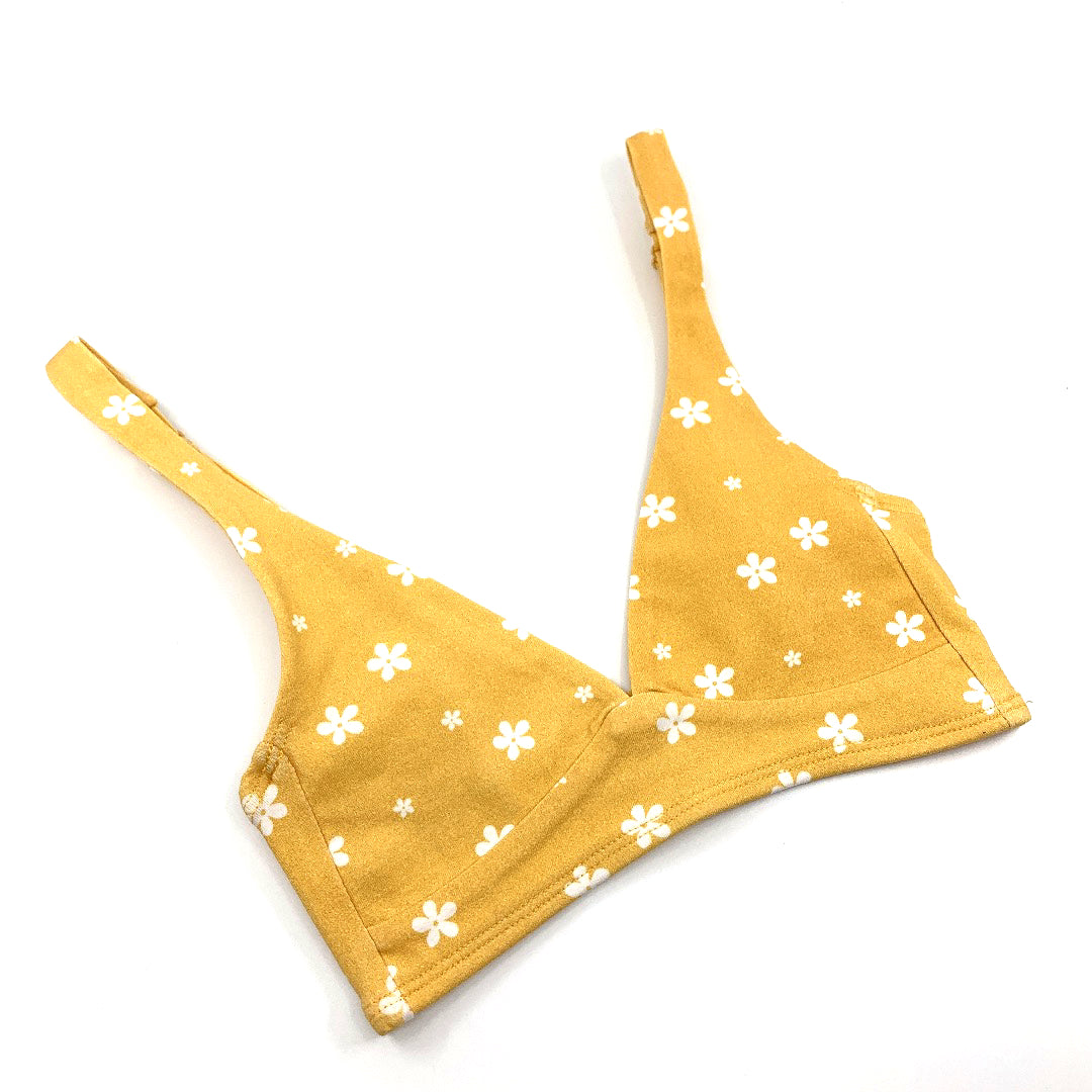 Women's organic cotton bralette in a yellow with white flowers pattern