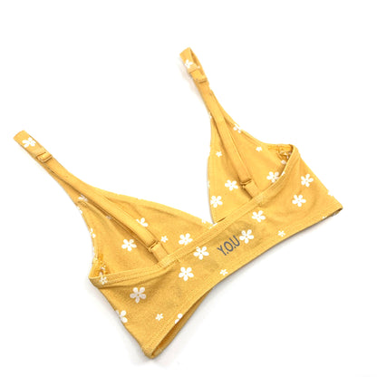 Women's organic cotton bralette in a yellow with white flowers pattern