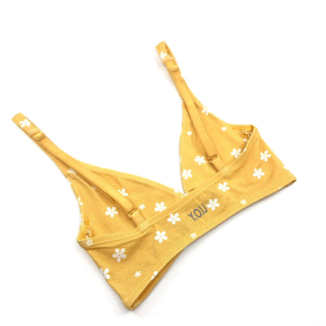 Women's organic cotton bralette in a yellow with white flowers pattern