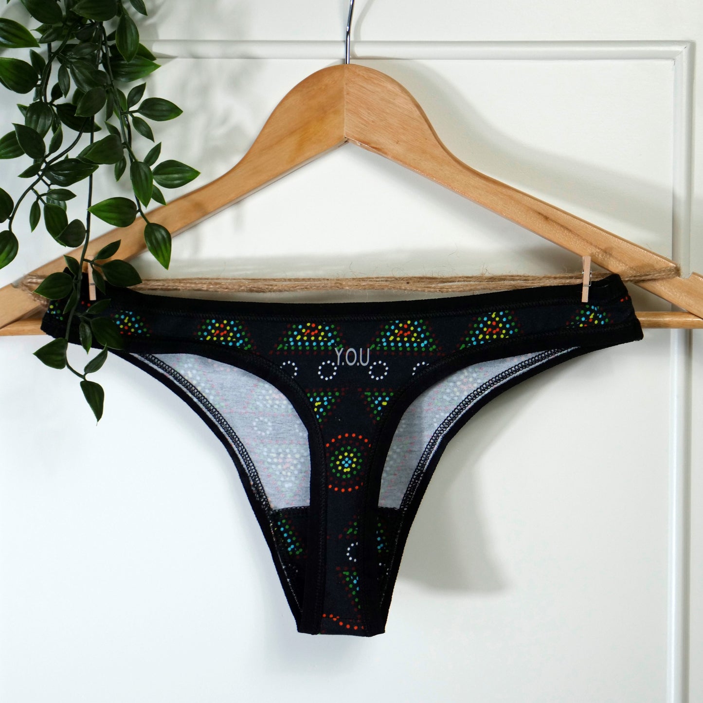 Women's organic cotton matching bralette and thong set - Black Mara design