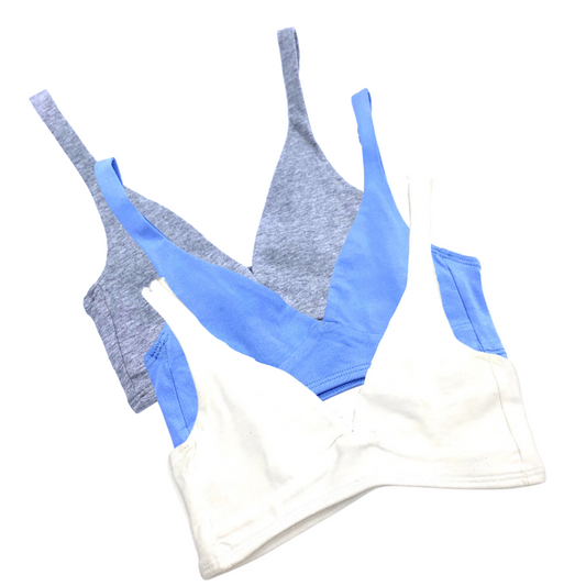 Girls' organic cotton bralettes -  3 pack of white, grey & light blue