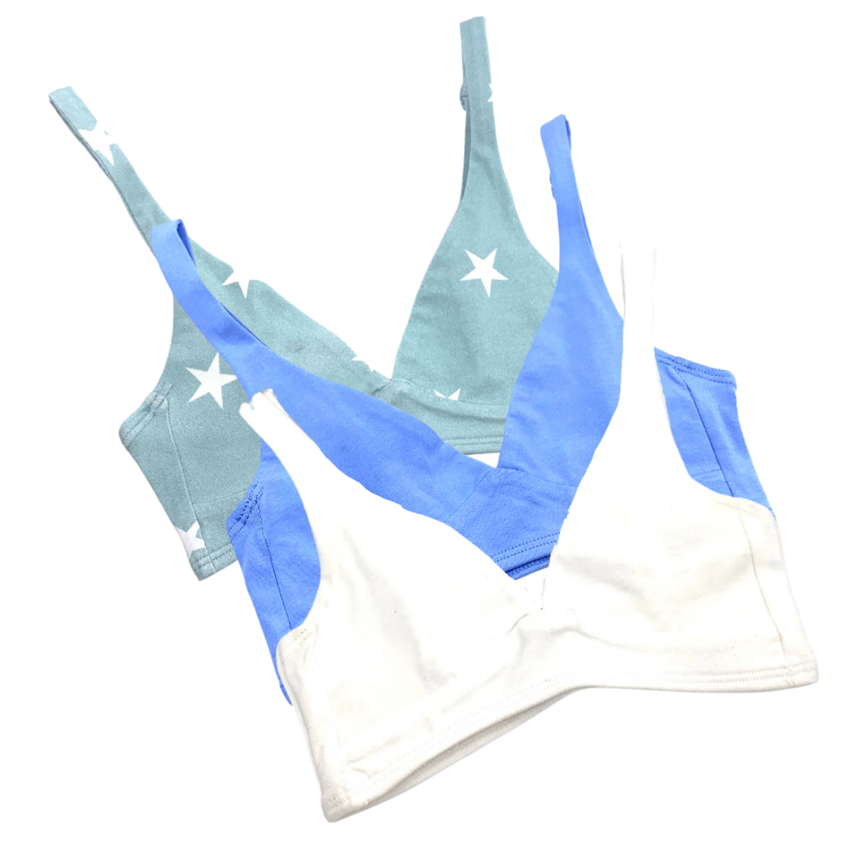 Girls' organic cotton bralettes -  3 pack of white, blue & blue stars