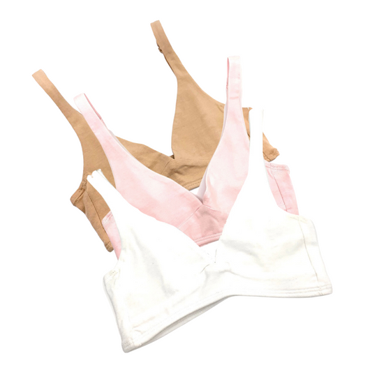 Girls' organic cotton bralettes -  3 pack of white, pink & almond