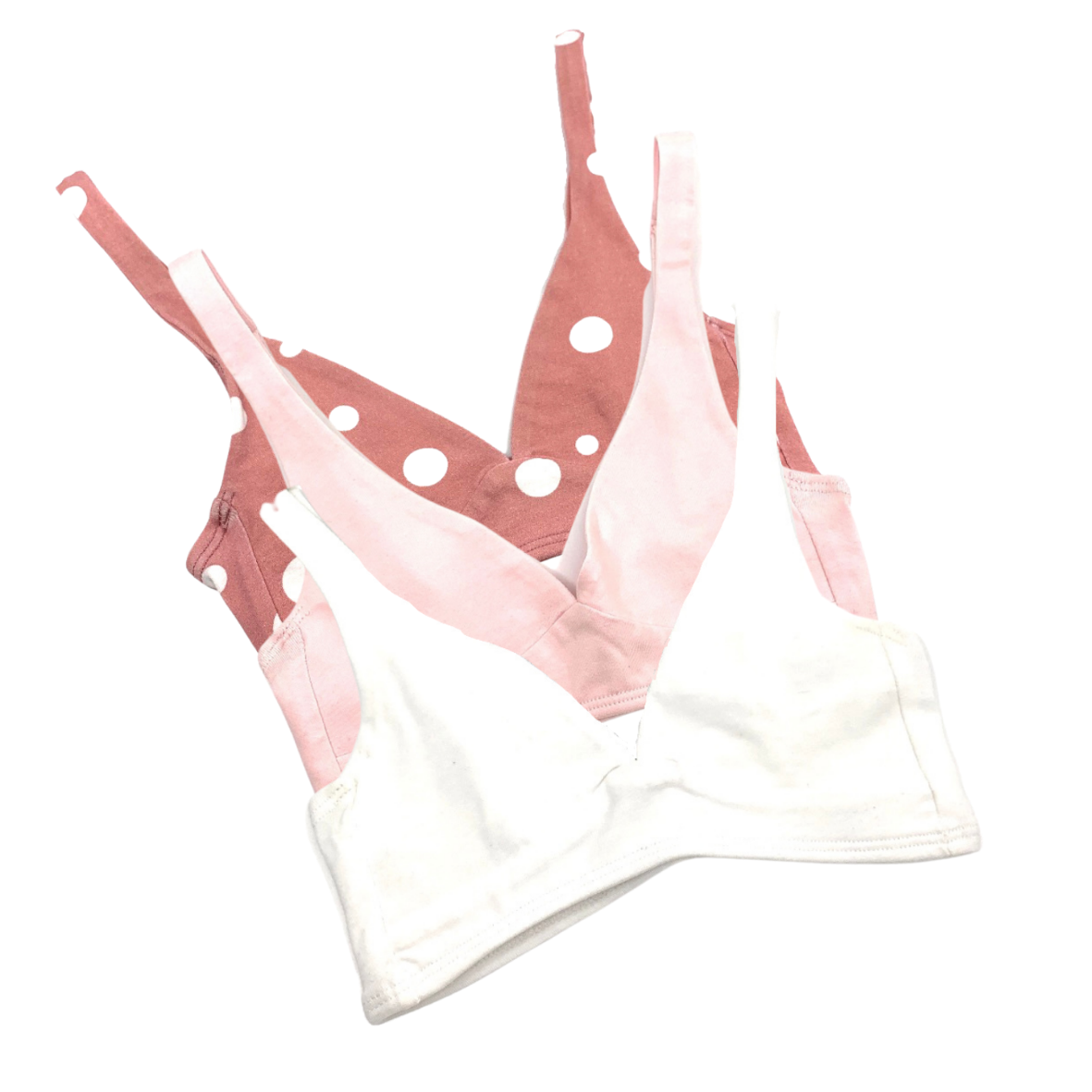 Girls' organic cotton bralettes -  3 pack of white, pink & pink dots