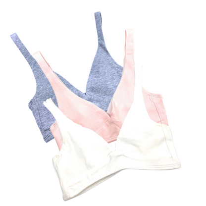 Girls' organic cotton bralettes -  3 pack of white, pink & grey