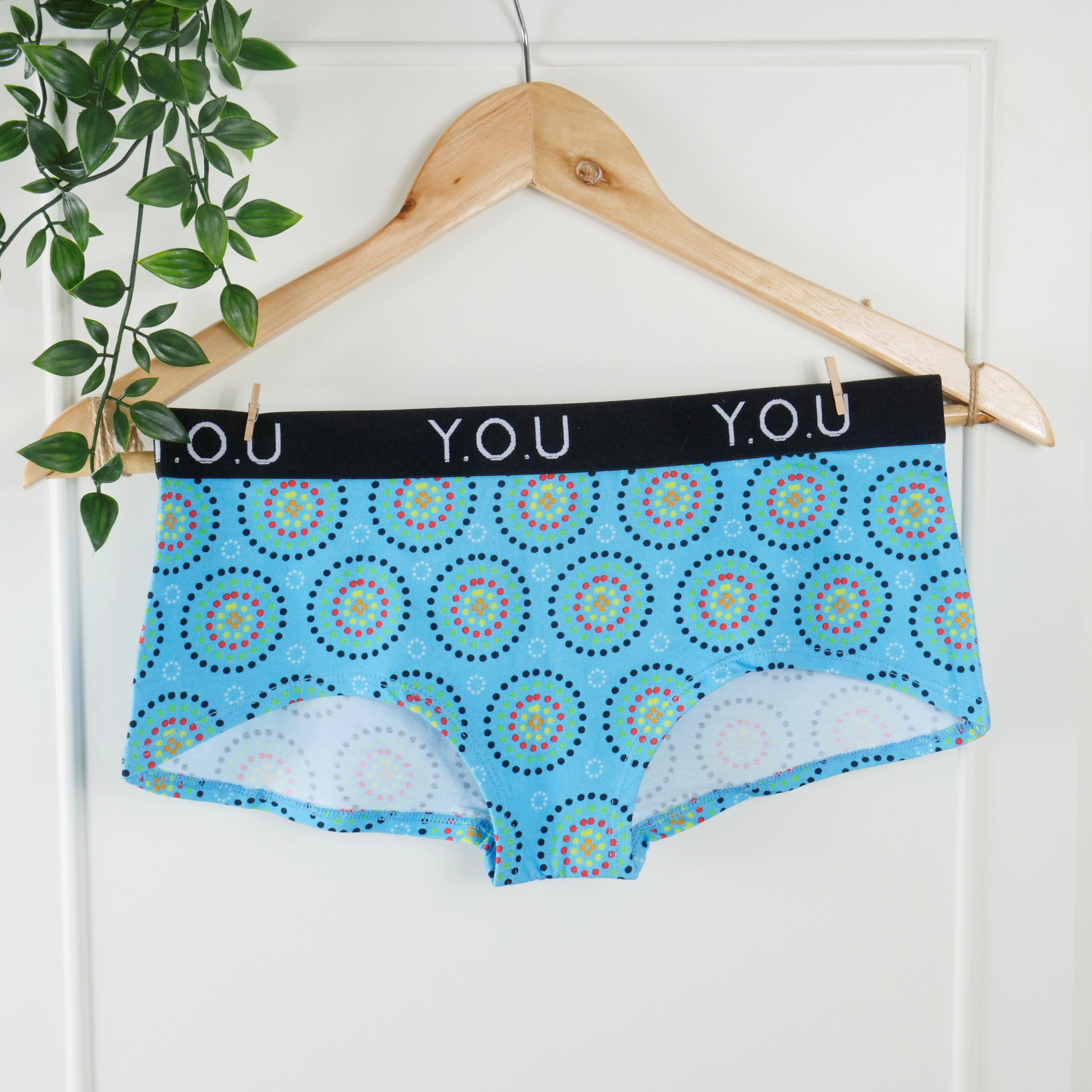 Women’s organic cotton boy shorts with Y.O.U elastic - Blue Mara design