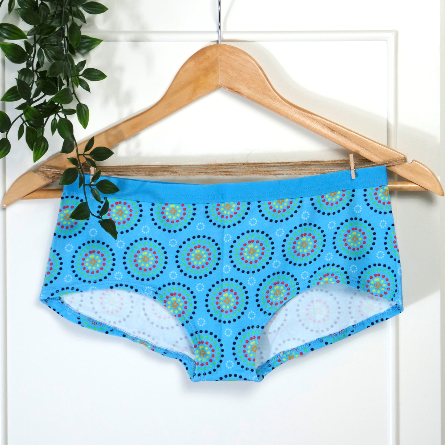 Women's organic cotton matching bralette and plain boy shorts set - Blue Mara design