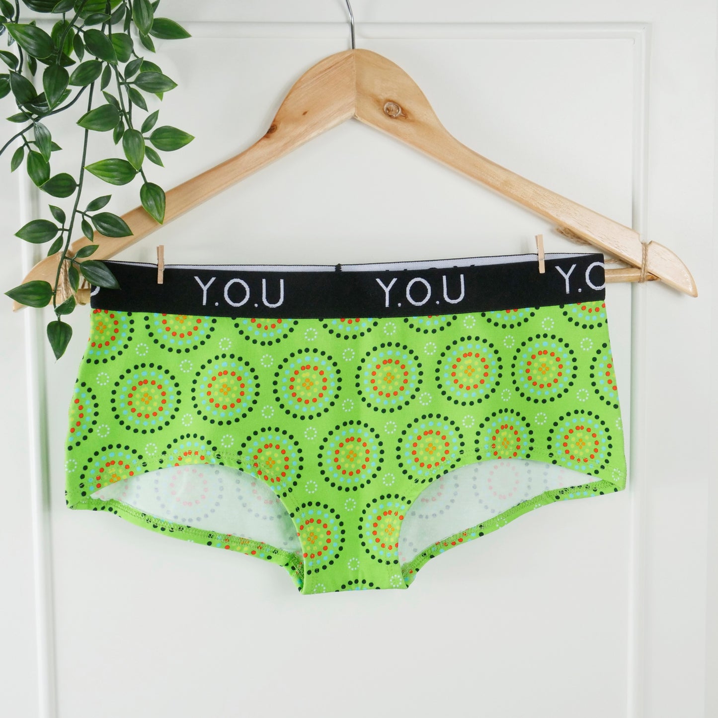 Women’s organic cotton boy shorts with Y.O.U elastic - Green Mara design