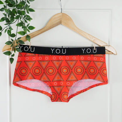 Women’s organic cotton boy shorts with Y.O.U elastic - Red Mara design