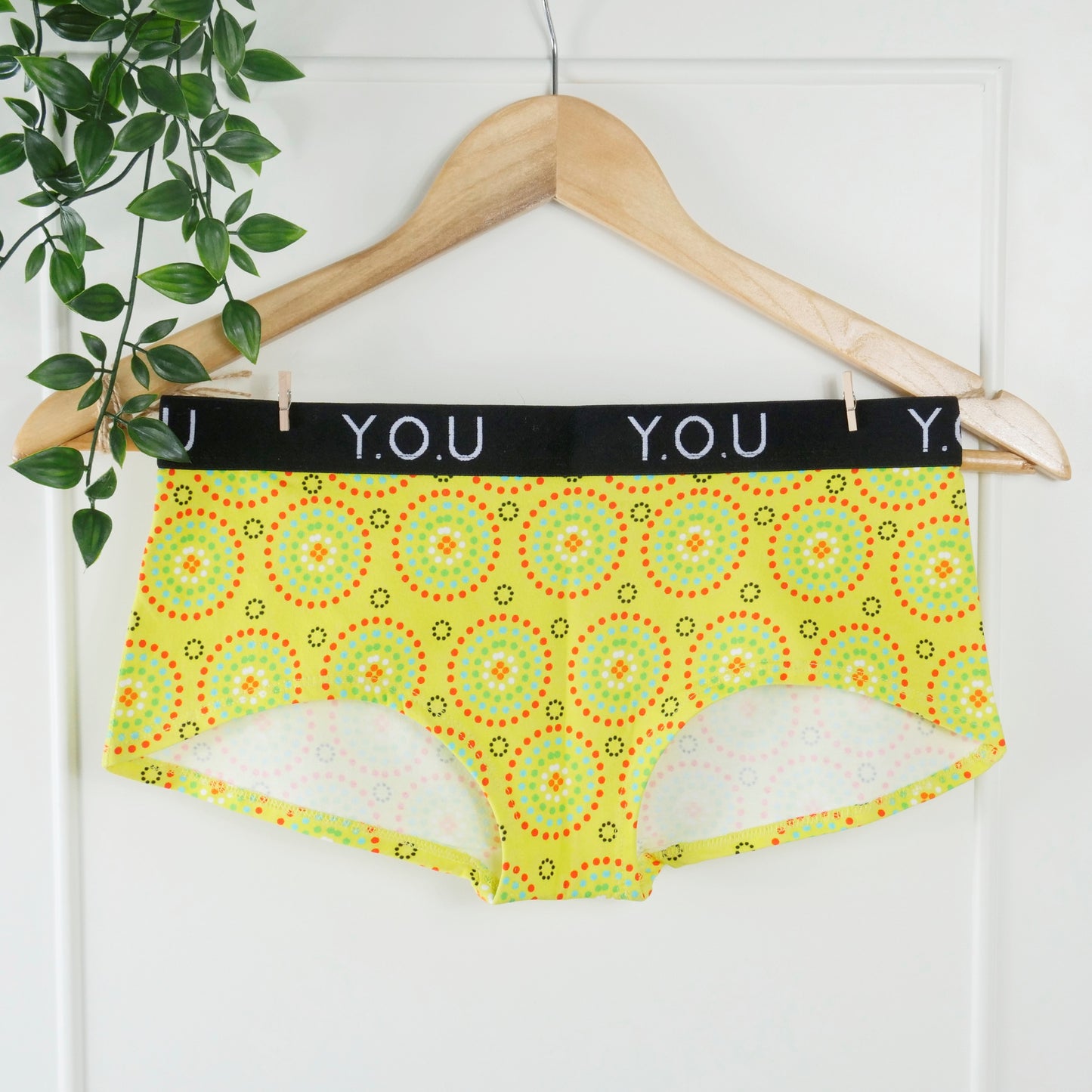Women’s organic cotton boy shorts with Y.O.U elastic - Yellow Mara design