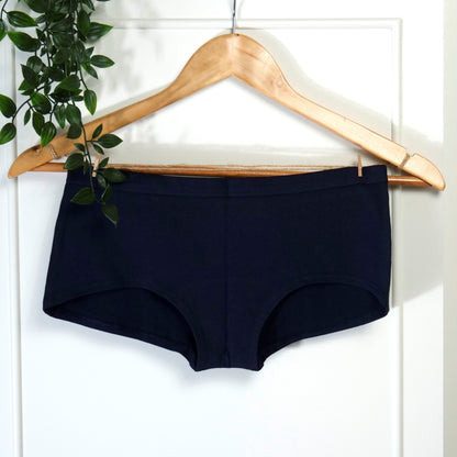 Women's organic cotton boy shorts in navy blue