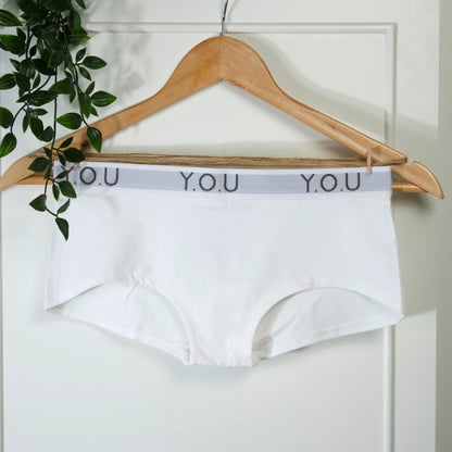 Women’s organic cotton boy shorts with Y.O.U elastic in white