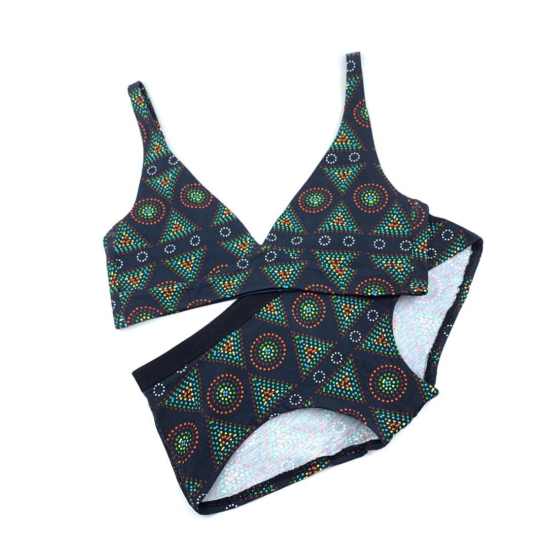 Women's organic cotton matching bralette and plain boy shorts set - Black Mara design - Y.O.U underwear